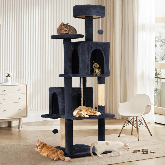 Alt view image 6 of 6 - 58.5inch Large Cat Tree Tower Condo for Indoor Cats, Soft Plush Multi-Level Climbing Tree Cat House with 2 Cat Cave, Scratching Post, More Entrance/Exit, Sisal Staircase, Light Black