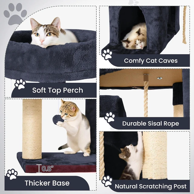 Alt view image 4 of 6 - 58.5inch Large Cat Tree Tower Condo for Indoor Cats, Soft Plush Multi-Level Climbing Tree Cat House with 2 Cat Cave, Scratching Post, More Entrance/Exit, Sisal Staircase, Light Black
