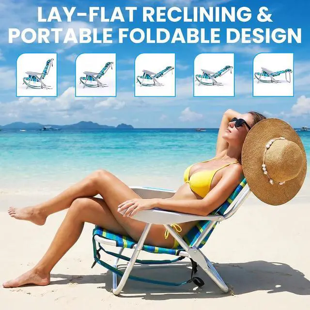 Alt view image 4 of 7 - 2PCS Portable Beach Chair for Adults, Outdoor Lightweight Camping Chair, 5-Position Lay Flat Reclining Backpack Beach Chair with Headrest, Cup Holder, Zipper Pouch & Storage Pocket, Striped