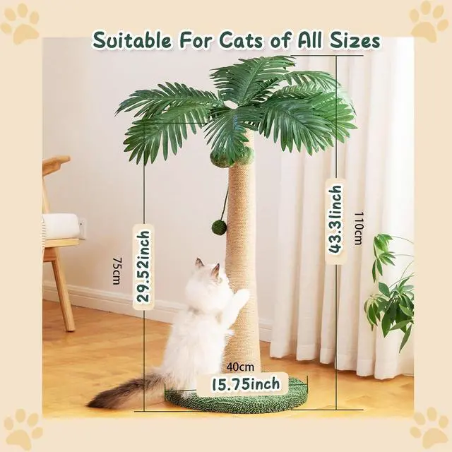 Alt view image 2 of 7 - 43.3inch Palm Tree Shape Style Sisal Cat Tree Scratching Post Cats, Wear Resistant Cat Claw Scratcher with Plush Stable Base & Hanging Toy Ball, Green