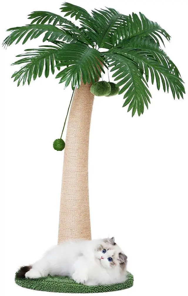 Main image of 43.3inch Palm Tree Shape Style Sisal Cat Tree Scratching Post Cats, Wear Resistant Cat Claw Scratcher with Plush Stable Base & Hanging Toy Ball, Green