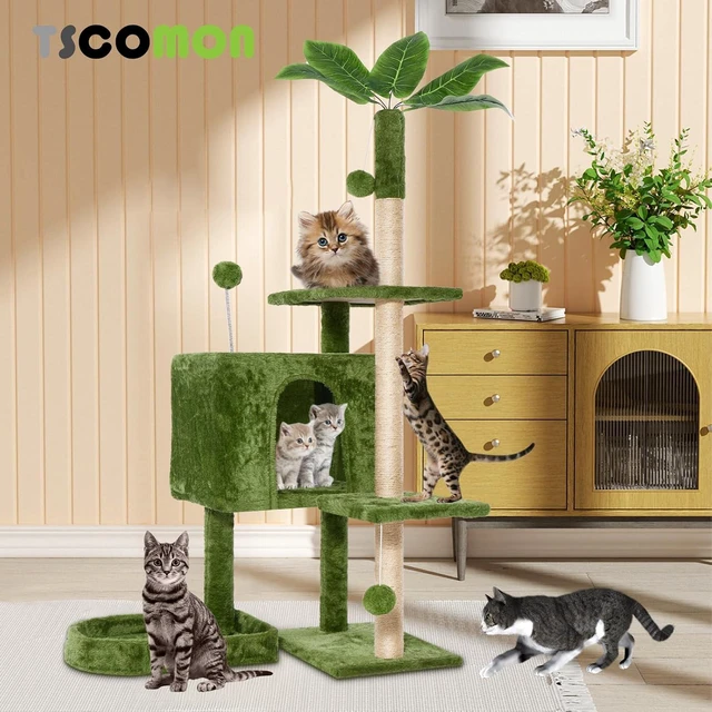 Alt view image 5 of 7 - 52inch Large Cat Tree Tower Condo with Hammock for Indoor Cats, Soft Plush Multi-Level Climbing Tree Cat House with Cat Cave, Scratching Post, Sisal Rope, Green