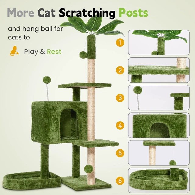 Alt view image 7 of 7 - 52inch Large Cat Tree Tower Condo with Hammock for Indoor Cats, Soft Plush Multi-Level Climbing Tree Cat House with Cat Cave, Scratching Post, Sisal Rope, Green