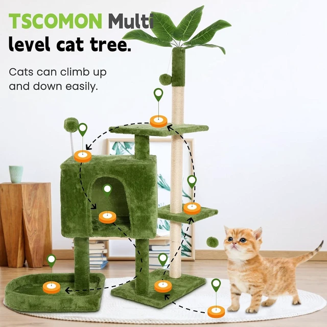Alt view image 2 of 7 - 52inch Large Cat Tree Tower Condo with Hammock for Indoor Cats, Soft Plush Multi-Level Climbing Tree Cat House with Cat Cave, Scratching Post, Sisal Rope, Green