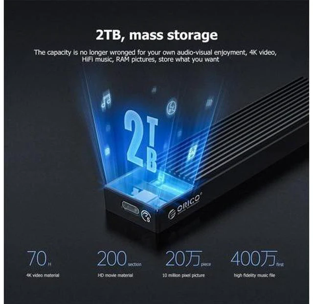 Alt view image 3 of 6 - ORICO M2PV-C3 Type-C M.2 NVME SSD Mobile Enclosure Aluminum Alloy USB 3.1 10Gbps 2TB External Solid State Drive Box Case