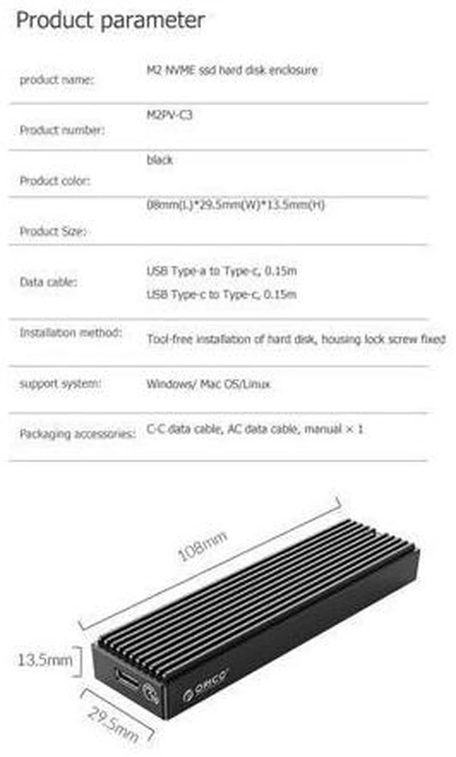 Alt view image 6 of 6 - ORICO M2PV-C3 Type-C M.2 NVME SSD Mobile Enclosure Aluminum Alloy USB 3.1 10Gbps 2TB External Solid State Drive Box Case