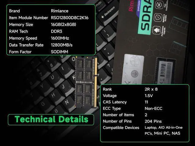 Alt view image 5 of 6 - Rimlance 16GB (2X8GB) 1.5V DDR3 1600MHz PC3-12800 SODIMM 2RX8
