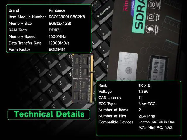 Alt view image 6 of 7 - Rimlance 8GB (2X4GB) 1.35V DDR3 1600MHZ PC3-12800 SODIMM 1RX8