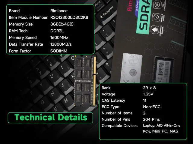 Alt view image 6 of 7 - Rimlance 8GB (2X4GB) 1.35V DDR3 1600MHZ PC3-12800 SODIMM 2RX8