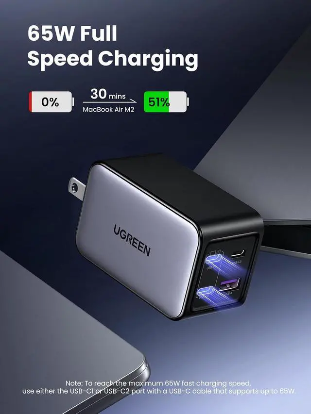 Alt view image 3 of 3 - UGREEN Nexode 65W GaN USB C Wall Charger, 4-Port Fast Type-C Charger Compatible with MacBook Pro/Air, iPhone 17/16/15 Series, Galaxy S25/S24, Pixel 10/9, iPad Pro, Steam Deck (Pack of 2)