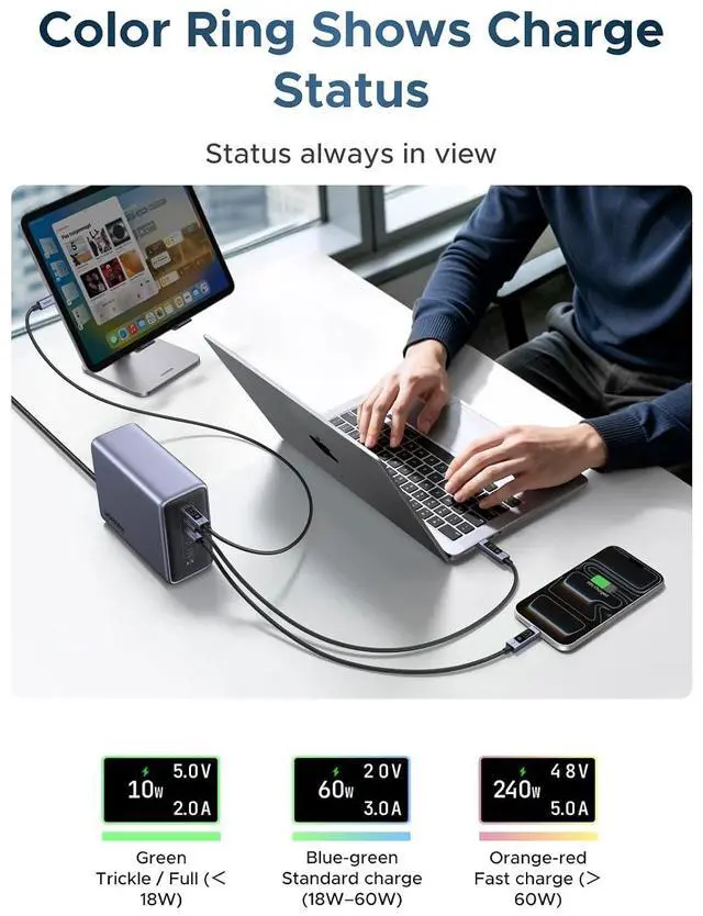 Alt view image 6 of 7 - UGREEN Nexode 240W USB-C to USB-C Cable with TFT Smart Display, 3.3ft