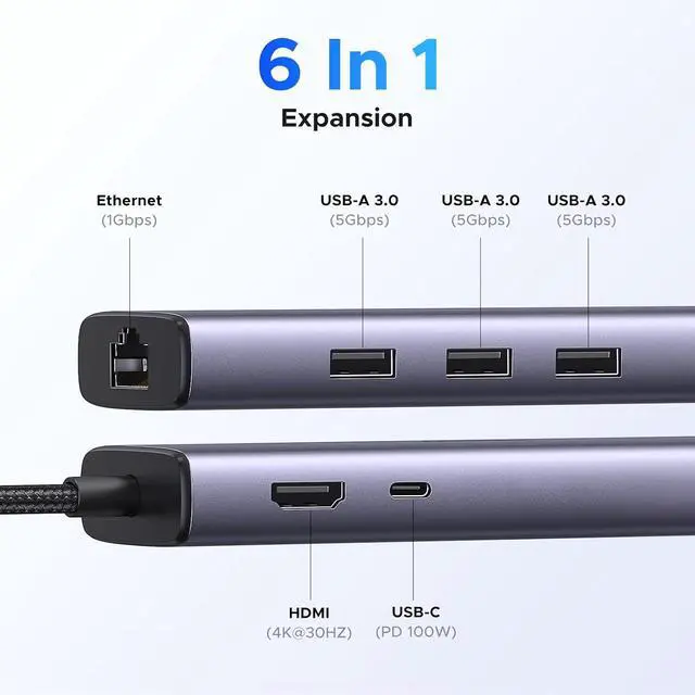 Alt view image 2 of 7 - UGREEN Revodok 6 in 1 USB C Hub Gigabit Ethernet Adapter with 4K HDMI