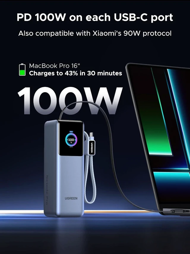 Alt view image 3 of 7 - UGREEN Nexode Pro 25000mAh 200W Retractable Cables Power Bank for iPhone | Built-in retractable cables, TFT display, PD 3.1. 90Wh. Fast charges MacBook, Dell, HP, Samsung S26, iPhone 17/16.