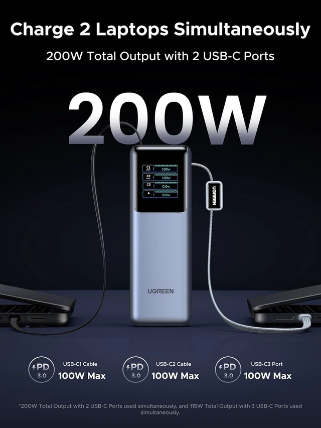 Alt view image 5 of 7 - UGREEN Nexode Pro 25000mAh 200W Retractable Cables Power Bank for iPhone | Built-in retractable cables, TFT display, PD 3.1. 90Wh. Fast charges MacBook, Dell, HP, Samsung S26, iPhone 17/16.