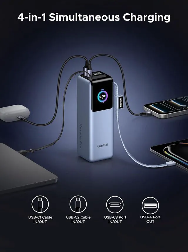 Alt view image 7 of 7 - UGREEN Nexode Pro 25000mAh 200W Retractable Cables Power Bank for iPhone | Built-in retractable cables, TFT display, PD 3.1. 90Wh. Fast charges MacBook, Dell, HP, Samsung S26, iPhone 17/16.