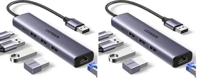 Main image of UGREEN USB to Ethernet Adapter, 5 in 1 USB Hub with Ethernet, Plug and Play (Pack of 2)