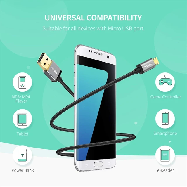 Alt view image 6 of 7 - UGREEN Micro USB Cable, 1.5FT High Speed Fast Charging USB Cable, Nylon Braided Durable Android Phone Charger Cord, Compatible with Samsung Galaxy S7 S6 Note LG V10 Tablet PS4 MP3