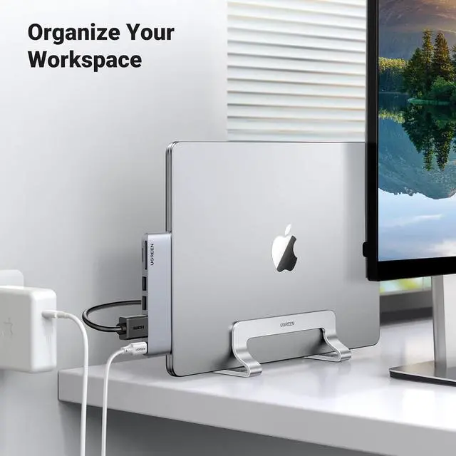 Alt view image 5 of 7 - UGREEN Vertical Laptop Stand Holder for Desk Compatible with MacBook Pro, MacBook Air Stand Vertical Aluminum Adjustable for Up to 17.3 Inch Gaming Laptop, Silver