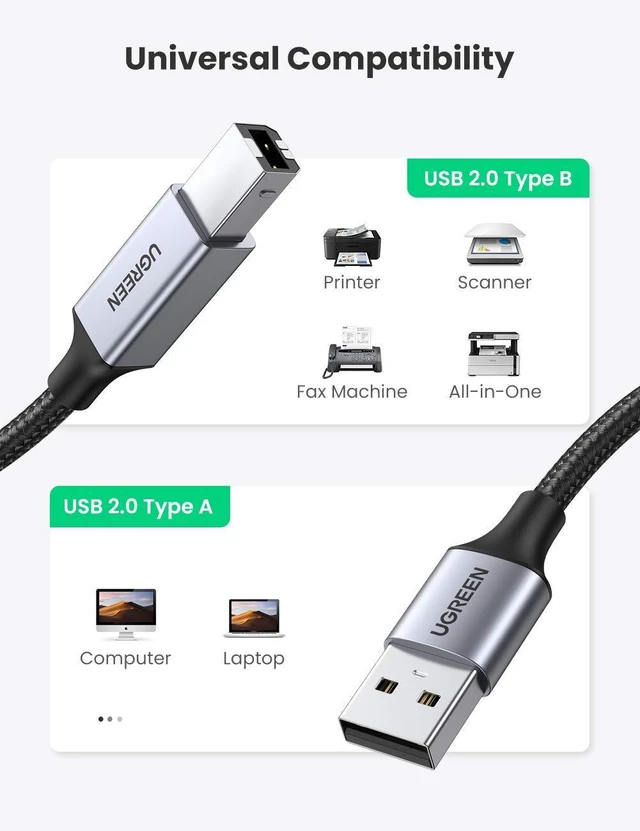 Alt view image 2 of 7 - UGREEN Printer Cable, 15 FT USB A to B, Nylon Braided USB B Cord