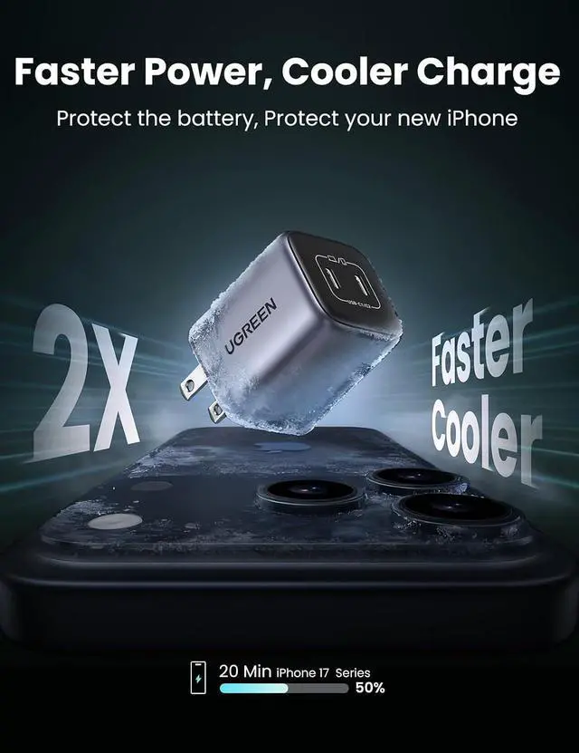 Alt view image 2 of 7 - UGREEN 45W USB C Charger for iPhone 17, Nexode 2 Port GaN Foldable PPS Wall Charger Block Support Super Fast Charging 2.0 for Galaxy S26/S25 iPhone 17/16/15, iPad, MacBook Neo/Air, Black