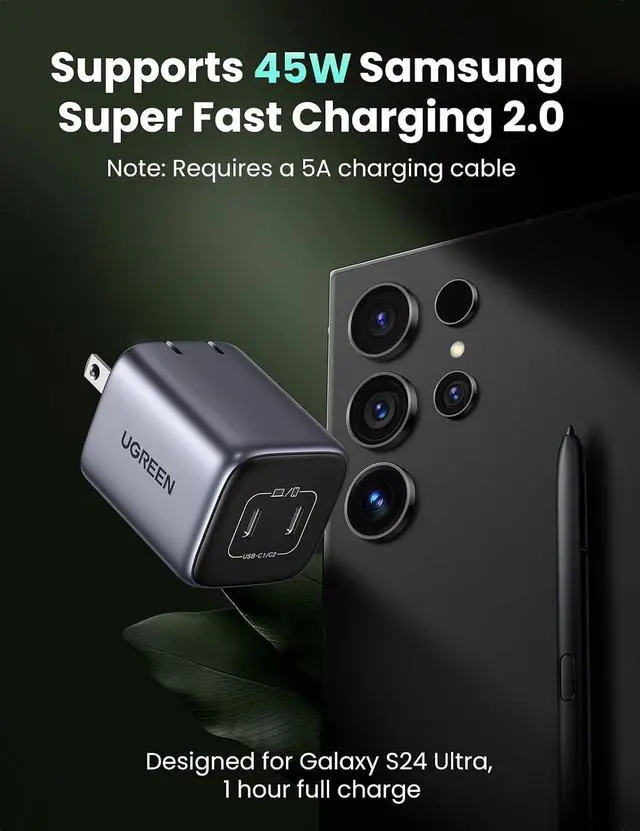 Alt view image 3 of 7 - UGREEN 45W USB C Charger for iPhone 17, Nexode 2 Port GaN Foldable PPS Wall Charger Block Support Super Fast Charging 2.0 for Galaxy S26/S25 iPhone 17/16/15, iPad, MacBook Neo/Air, Black