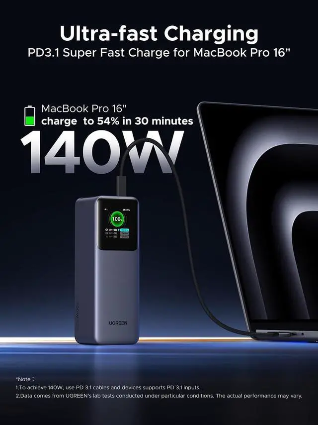 Alt view image 2 of 7 - UGREEN Nexode 25000mAh 200W PD 3.1 TFT 3-Port Power Bank | TFT smart display, 90Wh, PD 3.1 fast for laptops. Supports MacBook Pro/Air, Dell, iPhone 17