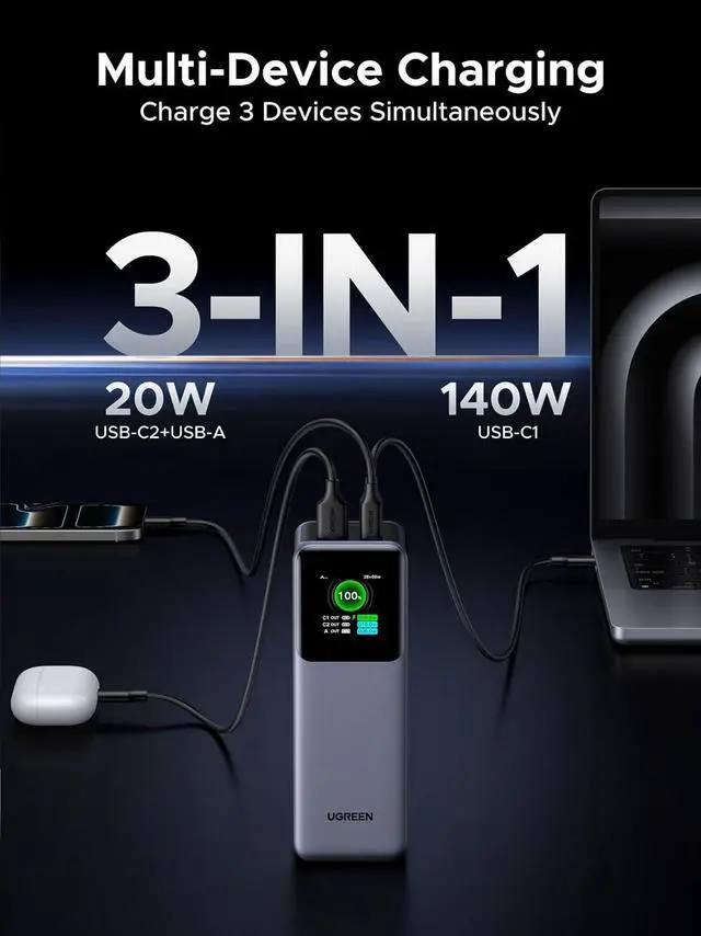 Alt view image 7 of 7 - UGREEN Nexode 25000mAh 200W PD 3.1 TFT 3-Port Power Bank | TFT smart display, 90Wh, PD 3.1 fast for laptops. Supports MacBook Pro/Air, Dell, iPhone 17
