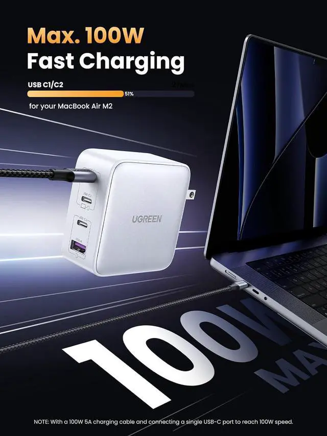 Alt view image 2 of 7 - UGREEN Nexode 100W GaN USB C Charger, 4-Port Compact Foldable Fast Laptop Charger Power Adapter for MacBook Pro/Air, iPad Pro, iPhone 17/16/15 Series, Galaxy S25/S24, Pixel 10/9, Steam Deck, Pixelbook