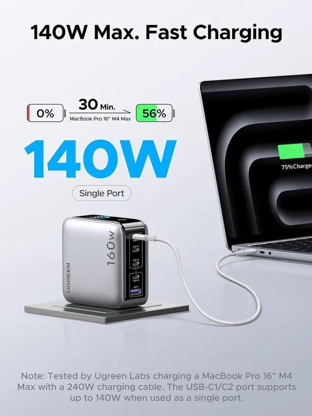 Alt view image 3 of 7 - UGREEN Nexode Pro Charger, 160W GaN 5-Port Fast USB C Wall Charger Block, Type-C Charging with Smart Display & Touch Control Compatible for MacBook Pro/Air, iPhone 17/16 Series, iPad, Galaxy