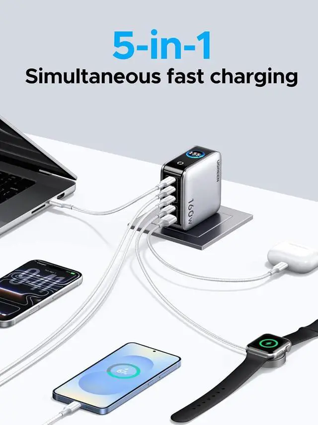 Alt view image 5 of 7 - UGREEN Nexode Pro Charger, 160W GaN 5-Port Fast USB C Wall Charger Block, Type-C Charging with Smart Display & Touch Control Compatible for MacBook Pro/Air, iPhone 17/16 Series, iPad, Galaxy