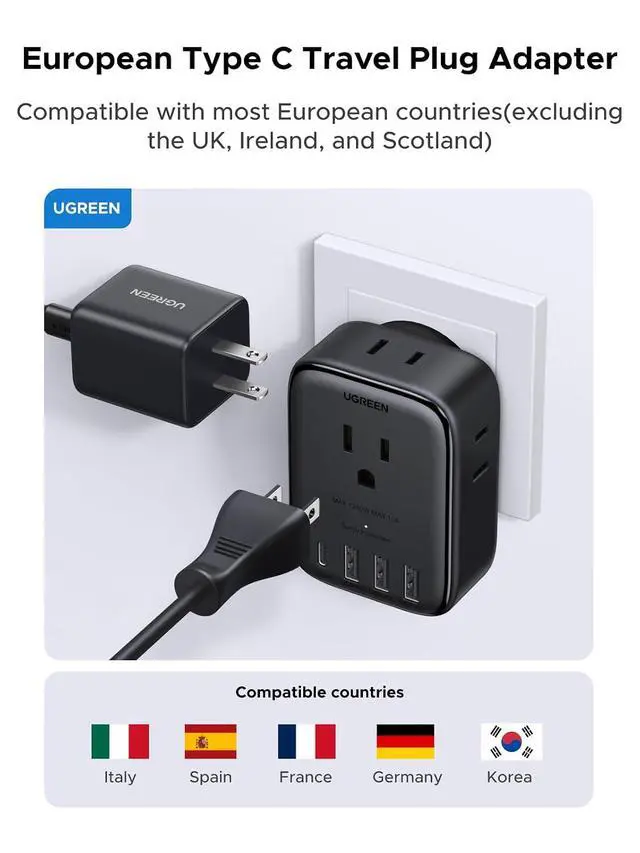 Alt view image 2 of 7 - UGREEN 20W 8-Port European Travel Plug Adapter GaN | 1 USB-C, 3 USB-A, 4 AC, Type C Power Converter, for US to Italy Spain France Iceland Germany Portugal, EU Travel Essentials