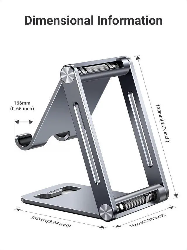 Alt view image 3 of 6 - UGREEN Phone Stand for Desk Cell Phone Holder Adjustable Compatible with iPhone 17 Air/16/15/14/13 Pro Max/12 Mini/11/XS Max/XR/X/Nintendo Switch, Aluminum Metal Desktop Stand Portable, Space Grey