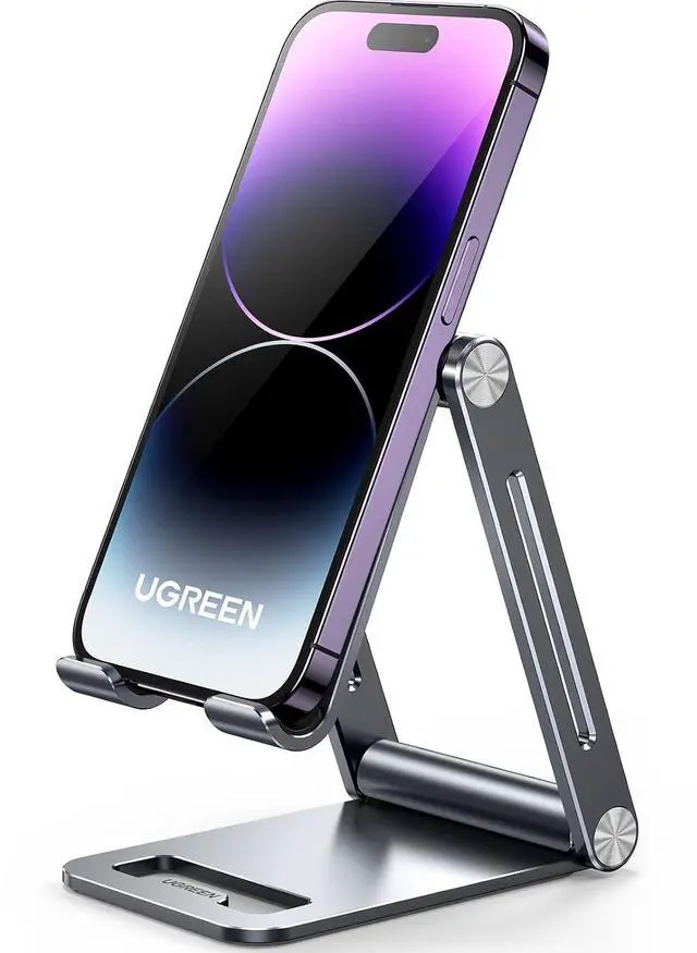 Alt view image 5 of 6 - UGREEN Phone Stand for Desk Cell Phone Holder Adjustable Compatible with iPhone 17 Air/16/15/14/13 Pro Max/12 Mini/11/XS Max/XR/X/Nintendo Switch, Aluminum Metal Desktop Stand Portable, Space Grey