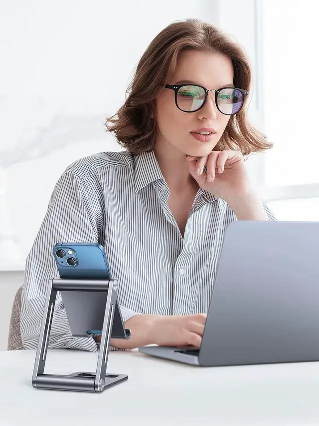 Alt view image 2 of 6 - UGREEN Phone Stand for Desk Cell Phone Holder Adjustable Compatible with iPhone 17 Air/16/15/14/13 Pro Max/12 Mini/11/XS Max/XR/X/Nintendo Switch, Aluminum Metal Desktop Stand Portable, Space Grey