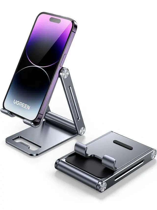 Alt view image 6 of 6 - UGREEN Phone Stand for Desk Cell Phone Holder Adjustable Compatible with iPhone 17 Air/16/15/14/13 Pro Max/12 Mini/11/XS Max/XR/X/Nintendo Switch, Aluminum Metal Desktop Stand Portable, Space Grey