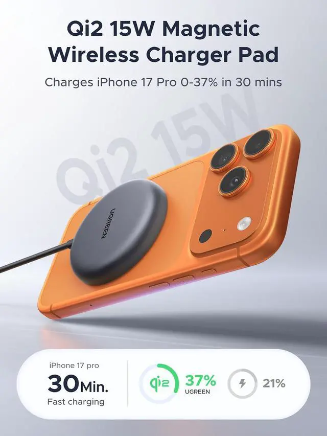 Alt view image 2 of 7 - UGREEN Qi2 15W MagSafe Compatible Wireless Charging Pad | Qi2 Certified, Wireless Charger Pad for iPhone 12-17 Series and AirPods, 5FT Cable, Black, Adapter Not Included