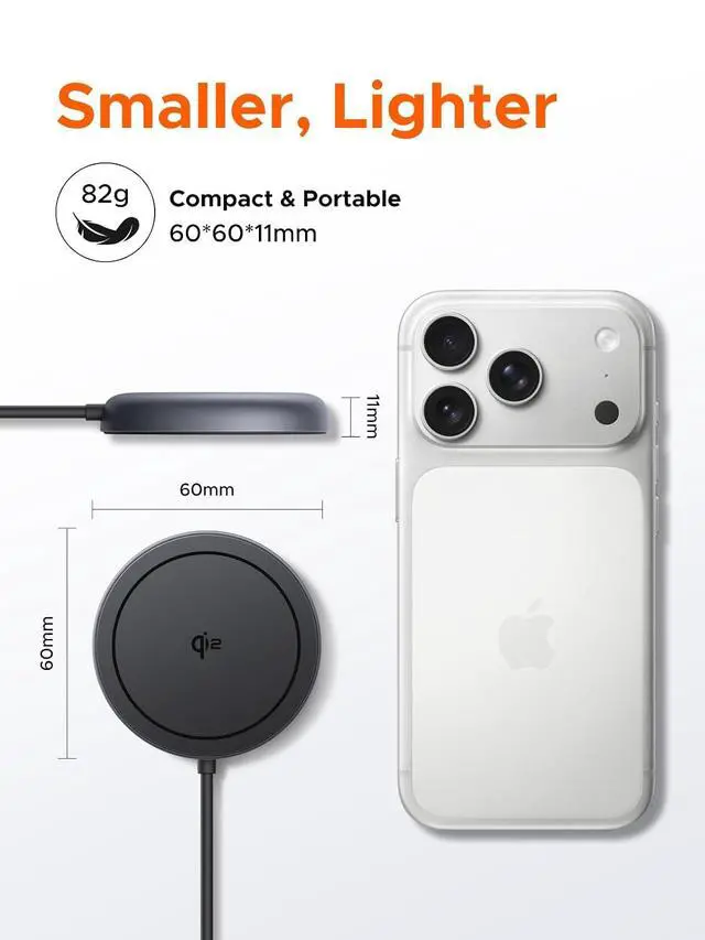 Alt view image 5 of 7 - UGREEN Qi2 15W MagSafe Compatible Wireless Charging Pad | Qi2 Certified, Wireless Charger Pad for iPhone 12-17 Series and AirPods, 5FT Cable, Black, Adapter Not Included