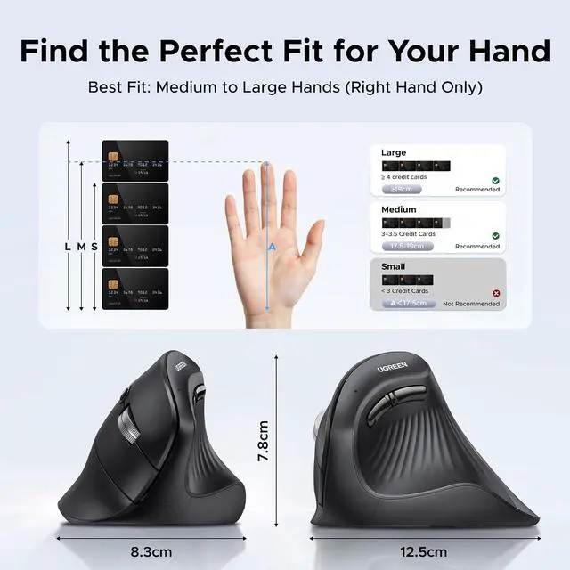 Alt view image 3 of 7 - UGREEN Vertical Wireless (Bluetooth 5.0+2.4G) Ergonomic Mouse with 5 Buttons, 1000/1600/2000/4000 DPI, Prevention of Mouse Arm, Vertical Mouse Compatible with PC/Laptop/Tablet, Black