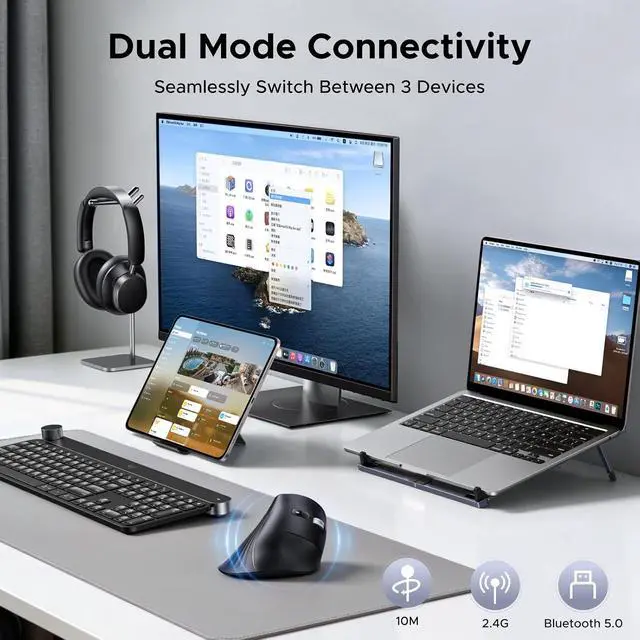 Alt view image 4 of 7 - UGREEN Vertical Wireless (Bluetooth 5.0+2.4G) Ergonomic Mouse with 5 Buttons, 1000/1600/2000/4000 DPI, Prevention of Mouse Arm, Vertical Mouse Compatible with PC/Laptop/Tablet, Black