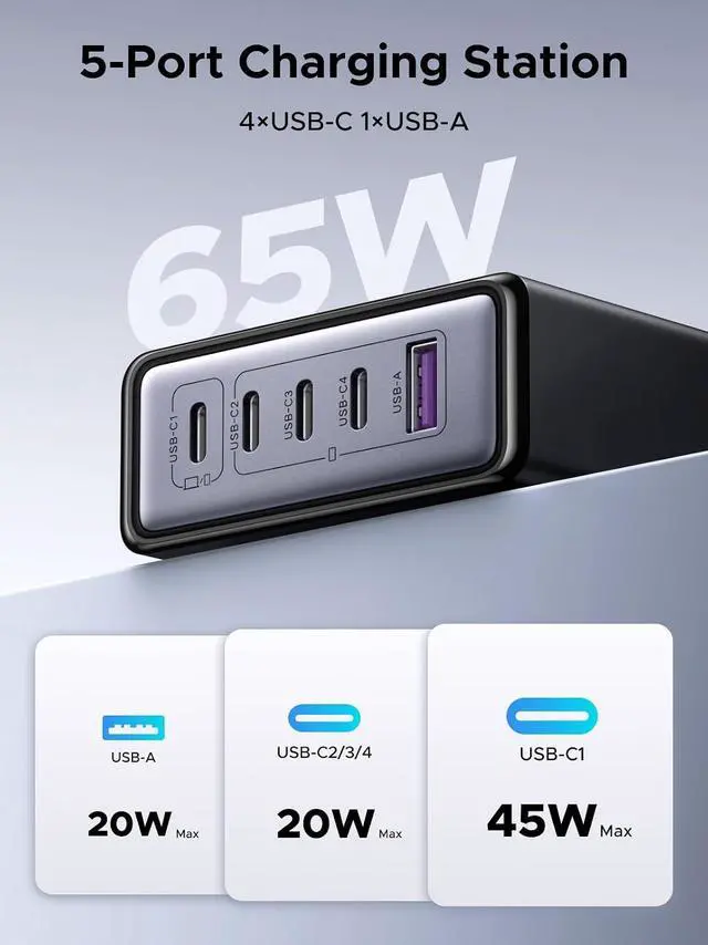 Alt view image 2 of 7 - UGREEN 65W GaN Charging Station, 5-Port USB-C & USB-A Fast Charging Power Hub, Compact Desk Station Compatible with iPhone 17/16/15, Galaxy S25/S24, Pixel 10/9, iPad Pro, MacBook Pro/Air