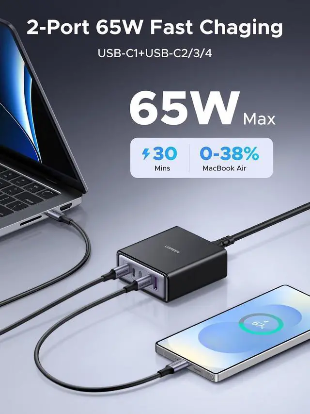 Alt view image 3 of 7 - UGREEN 65W GaN Charging Station, 5-Port USB-C & USB-A Fast Charging Power Hub, Compact Desk Station Compatible with iPhone 17/16/15, Galaxy S25/S24, Pixel 10/9, iPad Pro, MacBook Pro/Air