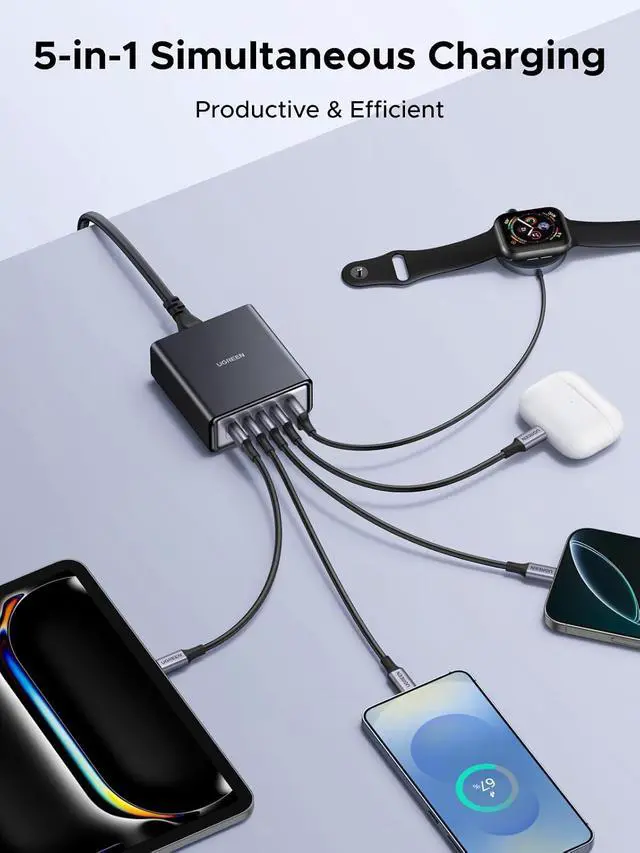 Alt view image 4 of 7 - UGREEN 65W GaN Charging Station, 5-Port USB-C & USB-A Fast Charging Power Hub, Compact Desk Station Compatible with iPhone 17/16/15, Galaxy S25/S24, Pixel 10/9, iPad Pro, MacBook Pro/Air