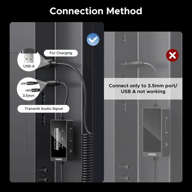 Alt view image 7 of 7 - UGREEN Bluetooth 5.4 Transmitter Receiver, Dual Pairs 3.5mm Audio Aux Adapter with Built-in Microphone for Hands-Free Calls, 2-in-1 Wireless Bluetooth Adapter Compatible with Car Speakers Home Stereo