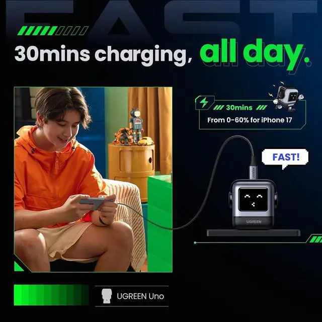 Alt view image 3 of 7 - UGREEN Uno 30W USB C Charger, Compact Robot GaN Fast Charging Block, Black