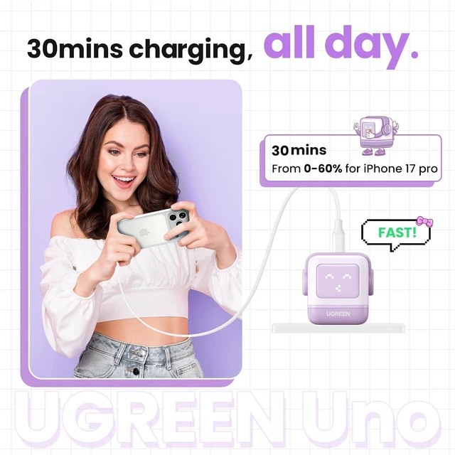 Alt view image 3 of 7 - UGREEN Uno 30W USB C Charger, Compact Robot GaN Fast Charging Block, Purple | Playful Robot Design, LED Display, Unique Gift, Fast Charging for iPhone 17, Galaxy S26, Pixel, iPad, MacBook, Steam Deck
