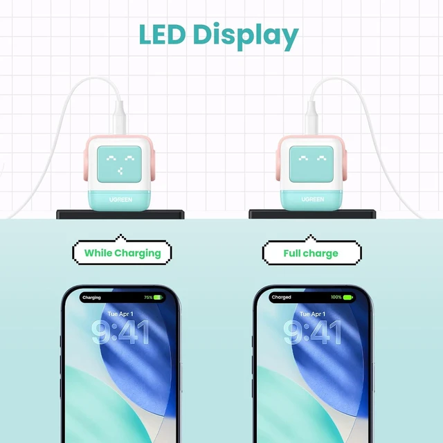 Alt view image 5 of 7 - UGREEN Uno 30W USB C Charger, Compact Robot GaN Fast Charging Block, Green | Playful Robot Design, LED Display, Unique Gift, Fast Charging for iPhone 17, Galaxy S26, Pixel, iPad, MacBook, Steam Deck