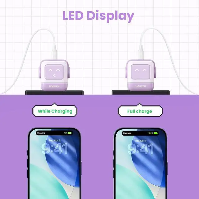 Alt view image 5 of 7 - UGREEN Uno 30W USB C Charger, Compact Robot GaN Fast Charging Block, Purple