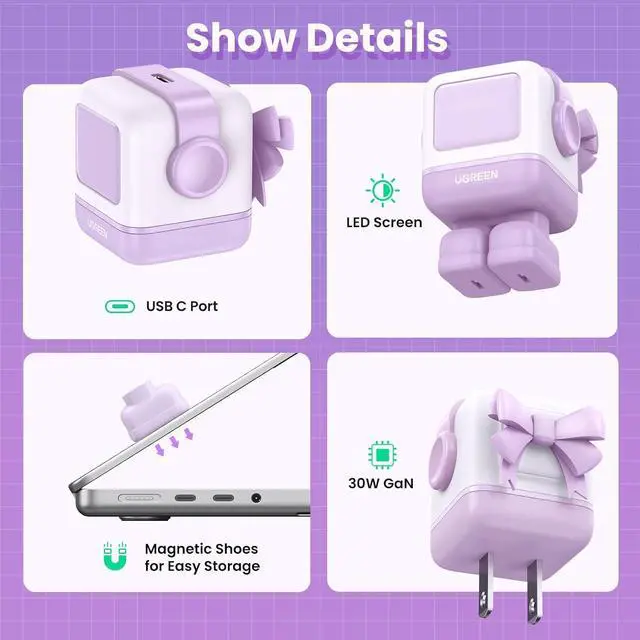 Alt view image 4 of 7 - UGREEN Uno 30W USB C Charger, Compact Robot GaN Fast Charging Block, Purple