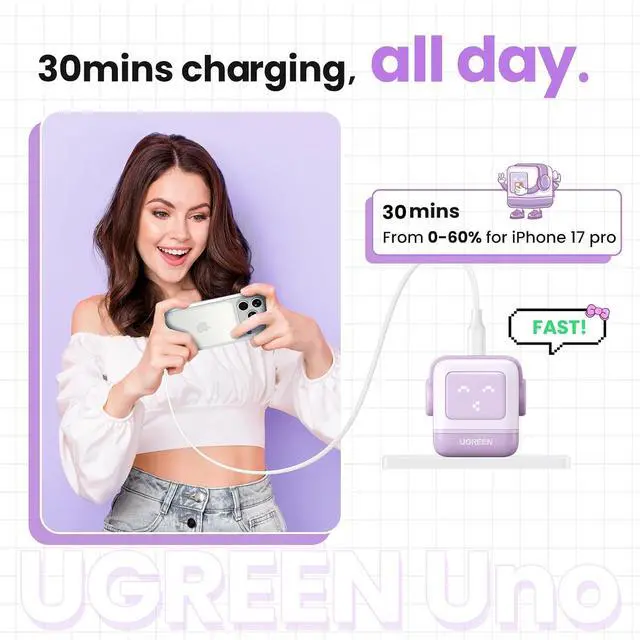 Alt view image 3 of 7 - UGREEN Uno 30W USB C Charger, Compact Robot GaN Fast Charging Block, Purple
