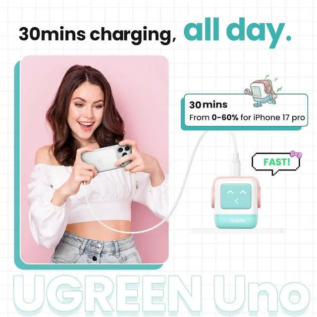Alt view image 3 of 7 - UGREEN Uno 30W USB C Charger, Compact Robot GaN Fast Charging Block, Green